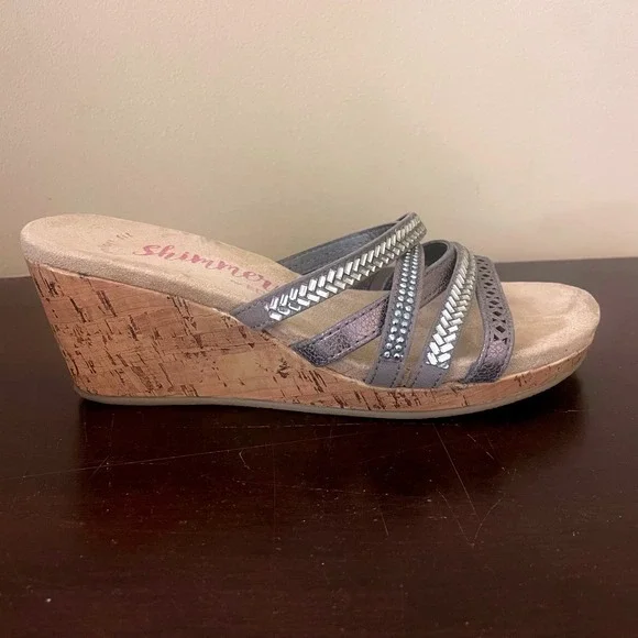 Shimmer by EDL Womens Metallic Pewter Cork Wedge Multi Strap Slide Sandals 7M - Picture 2 of 7
